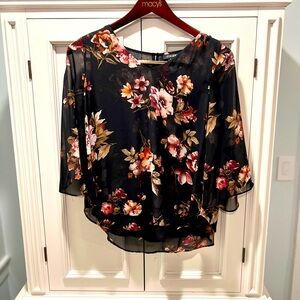 Roz & Ali Women’s Black Floral Blouse 3/4 Length Sleeves‎ Size S NWOT